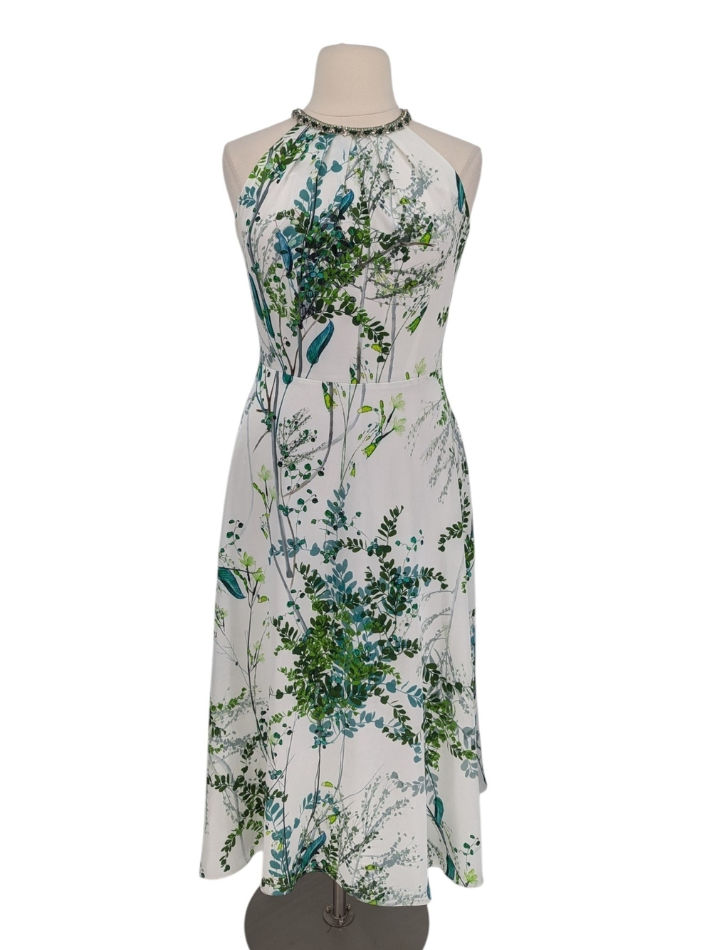 Rickie Freeman Teri Jon Floral Halter Midi Satin Dress White Green size 14
